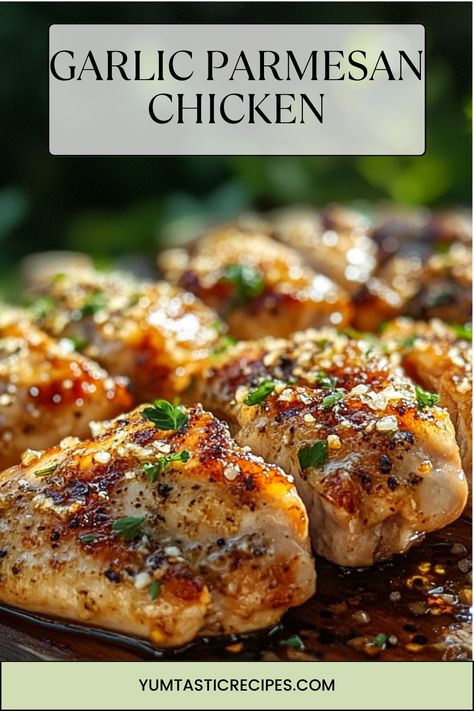 Discover the ultimate combination of crispy, juicy, and cheesy with this Garlic Parmesan Chicken recipe. Perfect for serving with pasta, veggies, or on its own, it’s a versatile and crowd-pleasing dish you’ll love.  #ChickenRecipeIdeas #GarlicAndParmesan #EasyCooking #DinnerDelights #FamilyMeals Chicken Thigh Garlic Parmesan, Sides For Garlic Chicken, Breaded Garlic Chicken, Garlic Parmesan Chicken Legs Baked, Roasted Garlic Parmesan Chicken, Garlic Parmesan Chicken Bake, Lemon Garlic Parmesan Chicken, Chicken For A Crowd, Garlic Parmesan Crusted Chicken