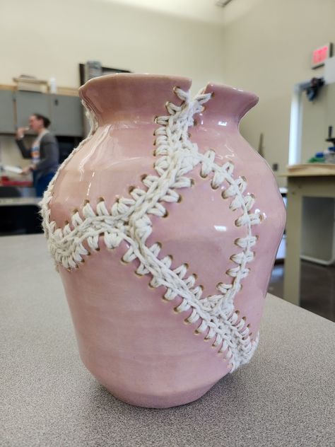 I made a pot, broke it, poked holes in it, fired it, glazed it, fired it, and crocheted it back together. Cotton yarn. @king_crabigail on instagram! Ceramics And Fabric, Crochet And Pottery, Crochet Objects Ideas, Crochet Sculpture Art, Pottery Crochet, Crochet Pottery, Crochet Art Sculpture, Yarn Aesthetic, Ceramic Installation