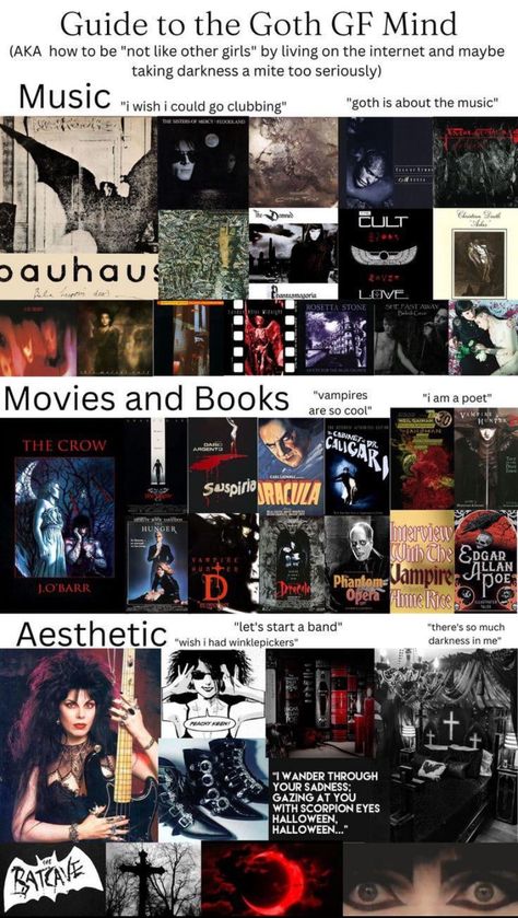 Goth Vision Board Ideas, How To Dress Goth With Normal Clothes, 90s Gothic Aesthetic, Goth Nerd Aesthetic, Goth Bands List, Goth Music Recommendations, Goth Movies List, 70s Goth Aesthetic, Goth Genres