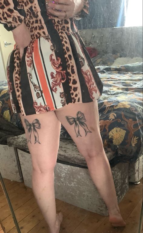 Beautiful bows at the back of my legs Bows Back Of Leg Tattoo, Bow Back Leg Tattoo, Bows On Legs Tattoo, Thigh Bow Tattoo Women, Tattoo Behind Knee, Bows On Back Of Legs Tattoo, Bow Tattoos On Back Of Legs, Bow Leg Tattoo, Bow Thigh Tattoo