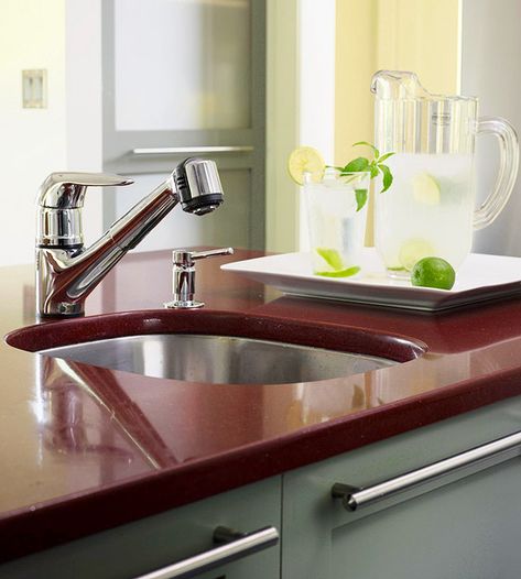 Center Sink Sinks Kitchen Ideas, Wine Red Kitchen, Different Types Of Countertops, 1940's Kitchen, U Shape Kitchen, Cultured Marble Countertops, Counter Top Ideas, How To Clean Brick, 1940s Kitchen