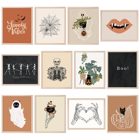 PRICES MAY VARY. Set of 12 - There are totally 12pcs wall art prints, and each have different patterns, and measures 11 x 14inch, suitable for wall decoration or photo frames.(The wall art prints are UNFRAMED.) Halloween Boho Design - These art poster decor are all in boho style, and combined with Halloween elements and letters, such as pumpkin, skeleton, ghost, black cat, spider web, etc., novel and unique design make them more attractive, well match Halloween festive. Waterproof & Durable - Ou Boho Skeleton, Imprimibles Halloween, Skeleton Ghost, Minimalist Halloween, Halloween Bedroom, Boho Halloween, Black Cat Art, Halloween Wall Art, Halloween Prints