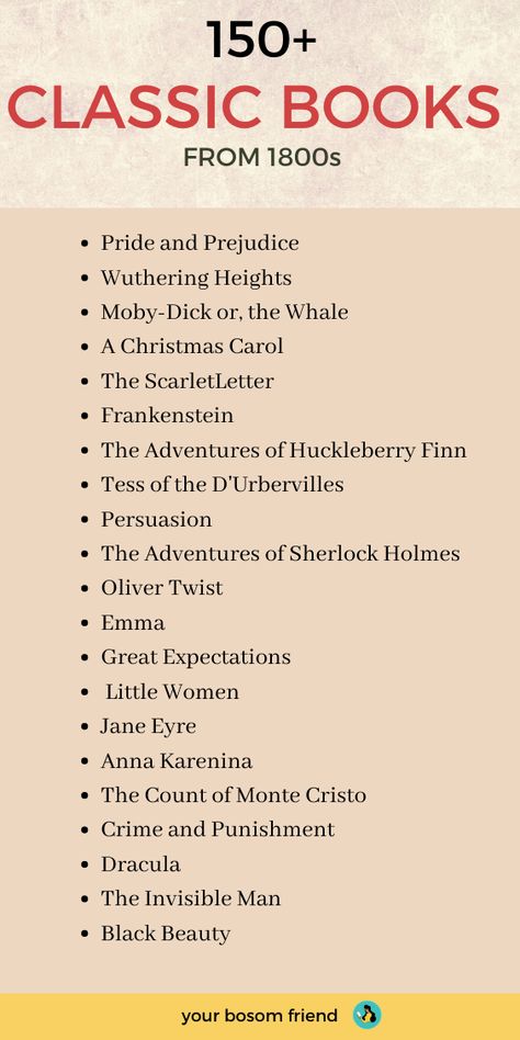 Looking for classic novels-classic literature books- to read? These Top150 classic novel booklist is worth reading. Great Classic novels booklist includes great classics from great authors such as Dickens, Jane Austen, Louisa May Alcott . Make this 150 classic reading challenge to read great classics of literature. These top classics are worth reading in your 20s, 30s and 40s! #classicnovels #classicbooks #bookstoread 19th Century Literature, Books To Read Classic Literature, Classic Book Checklist, Good Literature Books, Classic Books To Read List Novels, Classic Book Challenge, Literature Books Reading Lists, Best Literature Books, Books To Read In Your 40s