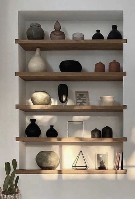 Wabi Sabi Bookshelf, Recessed Shelves, Adobe House, Colour Texture, Room Shelves, Shelf Styling, Dining Room Walls, Built In Shelves, Wood Shelves