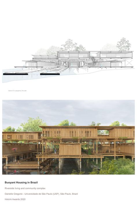 This Holcim Awards 2020 winning project’s objective is to provide housing for the low-income riverside population of Manaus currently living in precarious and risky conditions. The design takes inspiration from the traditional stilt and floating house typology to not only suit the local environmental conditions (including the seasonal fluctuation in water levels of the river) but also to recover and recognize the value of indigenous... Ideas: Economic & Social Empowerment, Housing Needs Stilt Building Architecture, Stilt Architecture, Tidal Architecture, Riverside Architecture, Floating House Design, House On River, Stilts House, Urban House Design, Sustainable Design Architecture