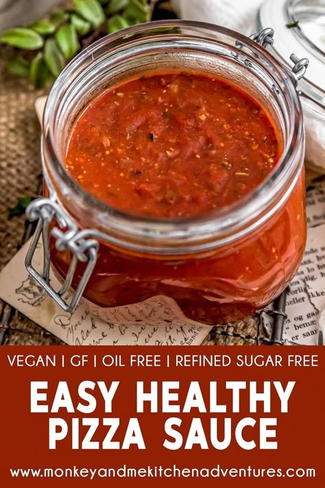 Filled with wholesome ingredients, this Easy Healthy Pizza Sauce is ready in less than 10 minutes and sure to make all your pizza dreams come true! #vegan #oilfree #glutenfree #plantbased | monkeyandmekitchenadventures.com Vegan Pizza Sauce, Easy Healthy Pizza, Healthy Pizza Sauce, Plant Based Sauces, Plant Based Pizza, Condiments Recipes, Seafood Pizza, Oil Free Vegan Recipes, Healthy Oil