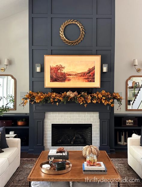 Getting Out of My Comfort Zone: Our Woodland Fall Mantel! Navy Blue Fireplace, Blue Fireplace, Rattan Pumpkins, Autumn Mantel, Woodland Autumn, Thrifty Decor Chick, Fall Stem, Out Of My Comfort Zone, Thrifty Decor