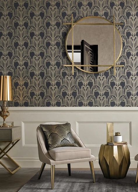 Almost 100 years on, Art Deco is back in style - realestate.com.au Modern Art Deco Wallpaper, Gold Removable Wallpaper, Arte Art Deco, Art Deco Living, Tapete Gold, Wallpaper Art Deco, Deco Living Room, Art Deco Living Room, Deco Wallpaper