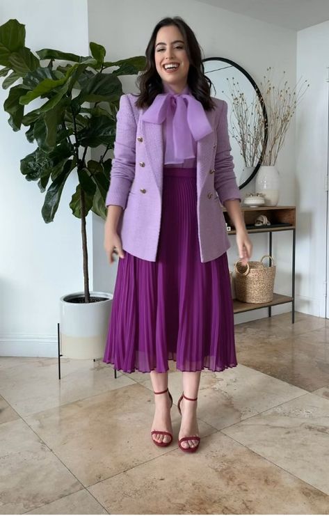 Spring Social Dress, Plum Color Dress Outfit, Purple Colour Combinations Outfit, Purple Long Skirt Outfit, Purple Work Outfit, Violet Skirt Outfit, Magenta Skirt Outfit, Purple Family Pictures Outfits, Purple Pleated Skirt Outfit