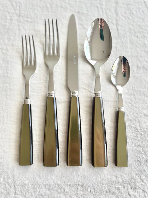 Icon Olive Flatware - 5 piece set – theARKelements Townhome Decorating, Kitchen Bar Table, Christmas Interiors, Cooking Utensils Set, Knife And Fork, Soup Spoon, Salad Fork, Dinner Fork, Humble Abode