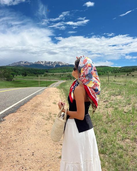 Mountains Colorado Summer Headscarf Headscarf Outfit Ideas Summer Headscarf, Headscarf Outfit, Headscarf Summer, Mountains Colorado, Head Scarf Tying, Colorado Summer, Street Style Summer, Scarf Tying, Spring 2024