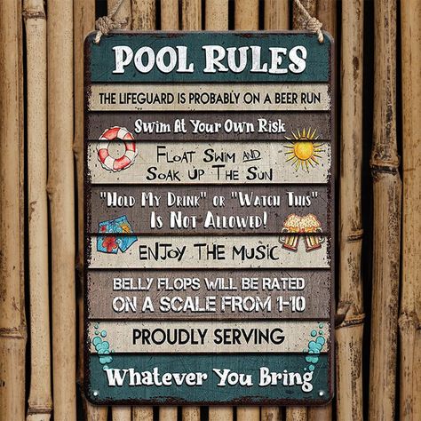 PRICES MAY VARY. 【Pool Signs and Decor Outdoor】The design of funny pool sign is the perfect combination of vintage and adorable. Makes a fun addition to beach, bar, pool deck, backyard, patio, porch. Easy to read, cute summer colors. Perfect reminder to pool visitors. 【Higher Quality Material】The pool decorations pool rules sign artwork use environmentally friendly ink and quality high grade tin with rounded corners, with layered spraying, the colors are delicate and the transition is natural, v Backyard Walls, Pool Rules Sign, Outdoor Pool Decor, Pool Decorations, Pool Rules, Pool Signs, Pool Decor, Patio Porch, Pool