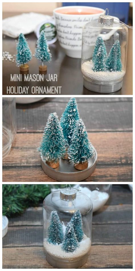 Christmas Dollar Tree, Mason Jar Snow Globe, Diy Gifts For Christmas, Dollar Store Christmas Decor, Mini Mason Jar, Jars Snow, Easy Christmas Ornaments, Mini Mason Jars, Dollar Store Christmas