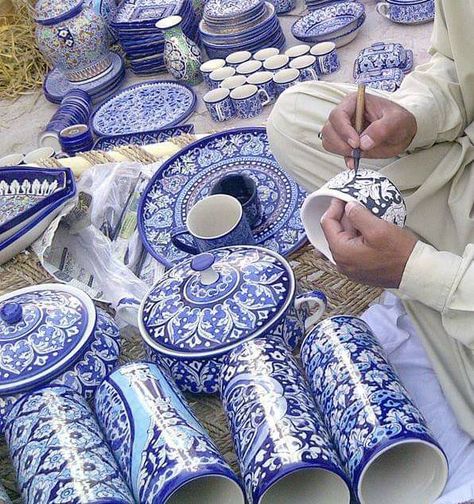 Pakistani Pottery, Blue Pottery Motifs, Jaipur Pottery, Blue Pottery Jaipur, Fall Dinnerware, Bathroom Art Diy, Ceramics Bowls Designs, Pakistan Art, Blue And White Dinnerware