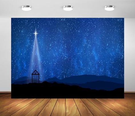 Nativity Backdrop Stage Design, Nativity Scene Bulletin Board Ideas, Nativity Background, Advent Church Decorations, Biblical Christmas, Sanctuary Decor, Blue Starry Sky, Nativity Manger, Advent Decorations