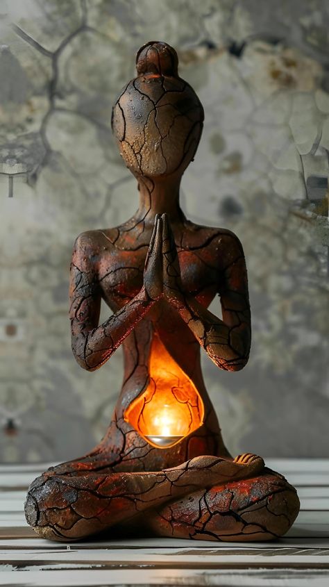 Save & follow for more stunning art! This serene sculpture captures a meditative figure in a yoga pose, hands in prayer. The earthy, cracked texture elicits a rustic charm, perfect for elevating your space. Own this unique piece and bring tranquility to your home decor. #art #sculpture #interiors #zen #meditation #homedecor #rustic #yogapose #artisan #earthyvibes #imageprompt #Aiimage Zen Pottery, Clay Art Projects Sculpture, Zen Art Paintings, Cool Sculptures, Yoga Sculpture, Cracked Texture, Hot Glue Art, Meditation Room Decor, Mexican Culture Art