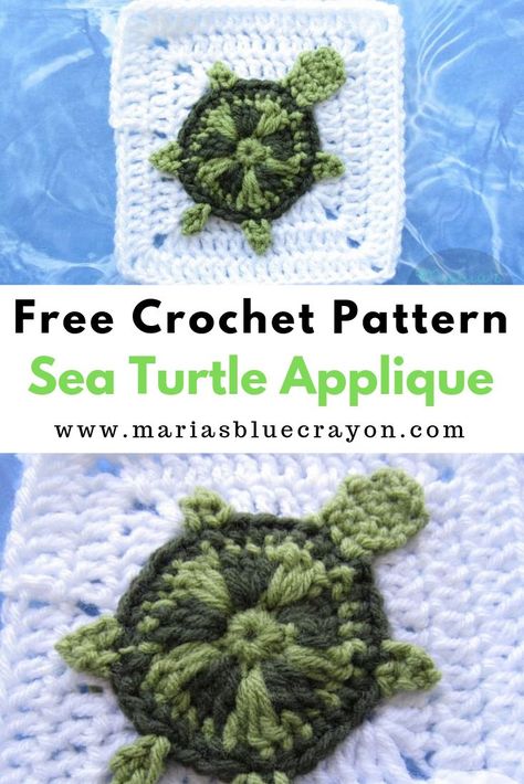 Crochet sea turtle applique can be added to a granny square to create a blanket or other pieces of crochet. Free pattern on Maria's Blue Crayon blog. #turtle #applique #crochet #seaturtle Fish Granny Square, Turtle Applique, Crocheted Turtle, Crochet Sea Turtle, Knitting Amigurumi, Blue Crayon, Granny Square Crochet Patterns Free, Handmade Yarn, Crochet Turtle