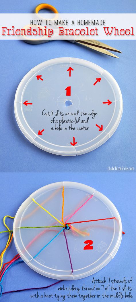 How to make a homemade Friendship Bracelet with a plastic lid.  A perfect craft for kids, tweens, and tweens!  www.clubchicacircle.com Lucet, Friendship Bracelet Wheel, Make A Friendship Bracelet, Bracelets Easy, Trendy Diy, Girl Scout Ideas, Pulseras Diy, Camping Crafts, Fun Diy Crafts