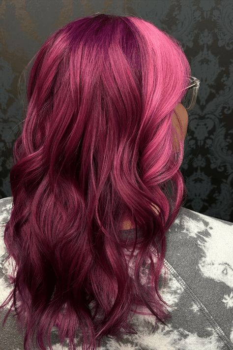 twotone pink hair, hair inspiration, hair color trends Bubblegum Pink Highlights, Brown And Hot Pink Hair, Dark Pink Brown Hair, Burgundy Pink Hair, Pink Hair Magenta, Maroon And Pink Hair, Reddish Pink Hair, Pink And Burgundy Hair, Two Tone Pink Hair