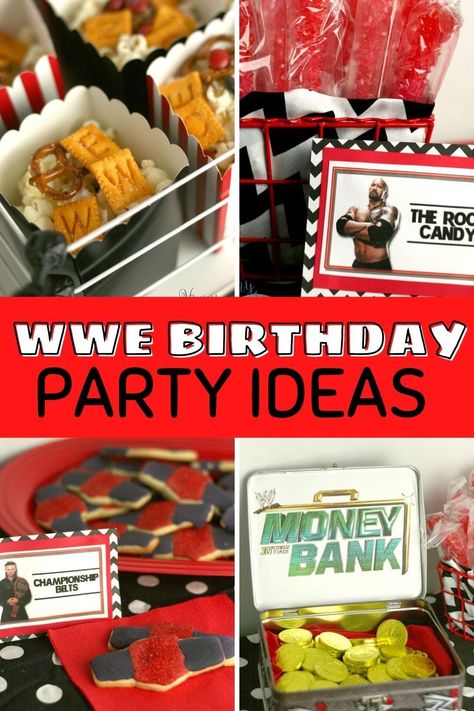 If you're having a WWE birthday party for kids, you're going to need tons of easy DIY ideas! From decorations to activities, you'll find everything you need for an awesome wrestling event. You can get ideas for food puns, invitations, backdrops, and favors. Whether you're looking for ideas with Summer Slam, John Cena, Money in the Bank, or Wrestlemania, you'll find inspiration here with banners, centerpieces, goody bags, snacks, and games. Wwe Snack Ideas, Wwf Birthday Party Ideas, John Cena Birthday Party, Wrestlemania Birthday Party, Wrestlemania Party Food, Wwe Birthday Party Games, Wwe Party Favors, Wwe Party Food, Wrestling Themed Party