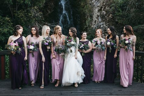 Purple and rose gold colors for bridesmaid dresses for an early September wedding Dark Purple And Red Wedding Bridesmaid Dresses, Purple And Gold Wedding Bridesmaids, Wisteria Bridesmaid Dresses Davids Bridal, Purple Gold Bridesmaid Dresses, Gold And Purple Bridesmaid Dresses, Purple Boho Bridesmaid Dresses, Bridesmaid Dresses Purple And Green, Moody Purple Bridesmaid Dresses, Rose Gold And Plum Wedding Theme