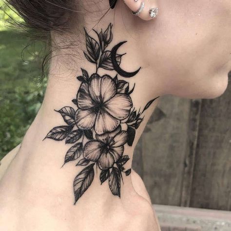 Throat Flower Tattoo, Partial Neck Tattoo Women, Neck Flower Tattoos Women, Side Neck Tattoos Women Ideas Flower, Female Side Neck Tattoo Ideas, Womans Neck Tattoos, Women’s Neck Tattoo Ideas, Nature Neck Tattoo, Goth Flowers Tattoo