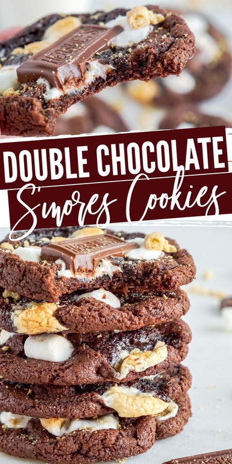 Double Chocolate S'mores Cookies! Easy bakery style Double Chocolate S'mores Cookies for Summer, Fall, Christmas, or any holiday! Perfect for the 4th of July! These Cookies are packed with chocolate, marshmallows, and graham crackers! #lemonpeony #doublechocolate #chocolatecookies #smorescookies #easycookies #chocolatesmores Smores Brownie Cookies, Chocolate Smores Cookies Recipes, Double Chocolate Smores Cookies, Chocolate S’mores Cookies, S’mores Cookie, Cookies For Summer, Chocolate Smores Cookies, Smores Treats, S Mores Cookies