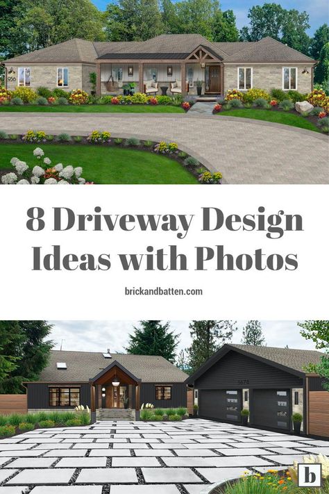 At brick&batten, our designers believe #driveways are so much more than a place to park your car. They are an exterior design element. Driveways are often the gateway to your home’s walkway and entryway. They are an opportunity (that is missed far too often) to elevate your home’s entire aesthetic. In the examples detailed below, we outline some of our favorite #drivewaydesign ideas to help get you thinking about your own driveway in a new way. #exteriordesign #drivewayideas Driveway Design Ideas, Urban Jungle Bedroom, Ranch Landscaping, Trees Landscaping, Driveway Ideas, Driveway Design, Yard Landscape, Landscaping With Large Rocks, Patio Designs