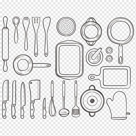 Kitchen Utensils Drawing, Kitchen Tools Drawing, Black Kitchen Utensils, Utensils Illustration, Hamburger Drawing, Kitchen Utensils Illustration, Utensils Drawing, January Bujo, Anchor Drawings