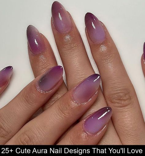 Aura nails are such a fun and aesthetic nail design that's so trendy right now! Check out these cute aura nail designs to inspire your next mani... Nails Inspo 2024 Almond, Short Nails Airbrush, Violet Aura Nails, Aura Nail Inspo Almond, Lilac Aura Nails, Eyeshadow Aura Nails, Aura Nails With Eyeshadow, Spring Aura Nails, Cool Simple Nails