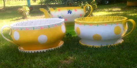 Teacups and Teapot...Rubber Pottery Tire Planters Tire Decor, Repurposed Tires, Train Planter, Tire Projects, Tea Cup Planter, Repurposed Tire, Crate Train, Painted Tires, Tire Craft