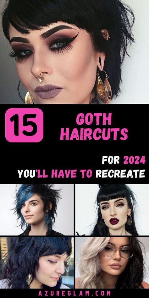 Explore the enchanting realm of 2024's Goth haircuts and elevate your style with a touch of darkness and mystique. Our exclusive collection presents a wide variety of Gothic-inspired haircut ideas, ranging from short, rebellious cuts to long, enchanting styles. Whether you're drawn to the allure of bangs or prefer medium-layered curls, our selection offers versatility and charm. Goth Beauty Aesthetic, Funky Layered Haircuts, Short Hair Styles Alternative, Gothic Bob Hairstyle, Short Hairstyle For Rounded Face Women, 2024 Edgy Hair, Alternative Medium Haircut, Long Rocker Hair Cuts For Women, Alternative Womens Haircuts