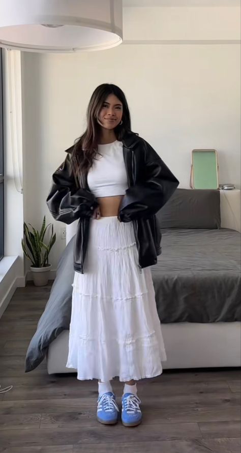 All White Maxi Skirt Outfit, White Skirt Leather Jacket, Tiered Maxi Skirt Outfit Winter, Long White Skirt Winter Outfit, Long Tiered Skirt Outfit, White Tiered Maxi Skirt Outfit, Long White Skirt Outfit Winter, White Maxi Skirt Outfit Winter, Midi White Skirt Outfit