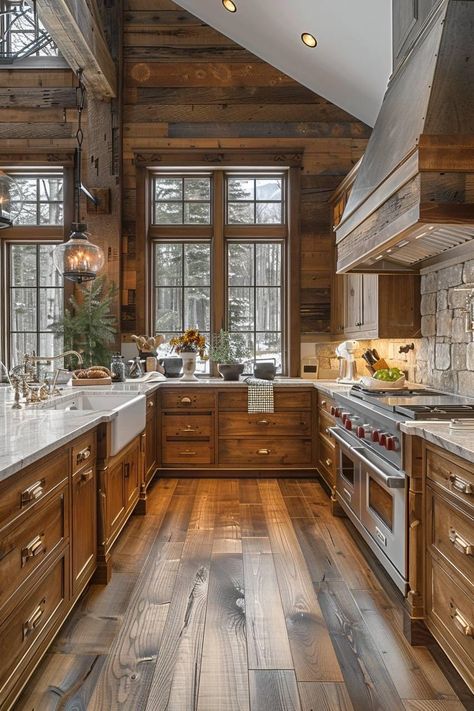 Modern Log Cabin Kitchen, Ranch Style Kitchen, Western Houses, Log Cabin Kitchen Ideas, Cozy Cabin Kitchen, Ranch House Kitchen, Mountain House Kitchen, Loft Aesthetic, Log Cabin Kitchen