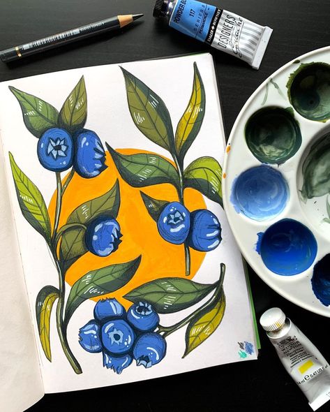 Gouache Blueberries, Blueberry Acrylic Painting, Blueberry Art Illustration, Blue And Yellow Painting Ideas, Blueberry Painting Easy, Paint Pens Art Ideas, Acrylic Marker Art Paint Pens, Blue Flower Painting Acrylic, Parents Painting