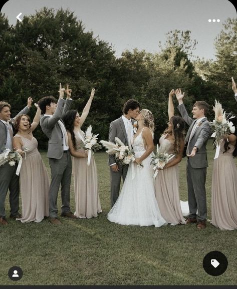 Champagne Bridesmaid Dresses Gray Suits, Bridal Party Grey Suits, Neutral Color Wedding Party, Suit With Champagne Dress, Taupe Wedding Colors Groomsmen, Suits To Go With Champagne Dress, Neutral Bridesmaid Dresses With Groomsmen, Grey And Champagne Wedding Colors, Gray And Taupe Wedding