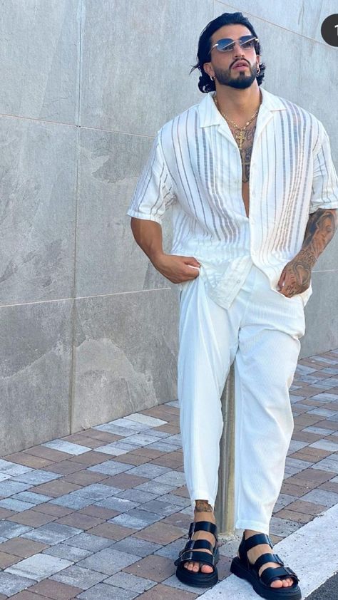 Italian Guys Outfit, Mens All White Linen Outfit, Boho Aesthetic Outfit Men, Long Sleeve Summer Outfits Men, Beach Wedding Mens Outfit, Mens Club Outfit Night Miami, Miami Style Men, White Beach Outfit Men, Dubai Outfits Ideas Men