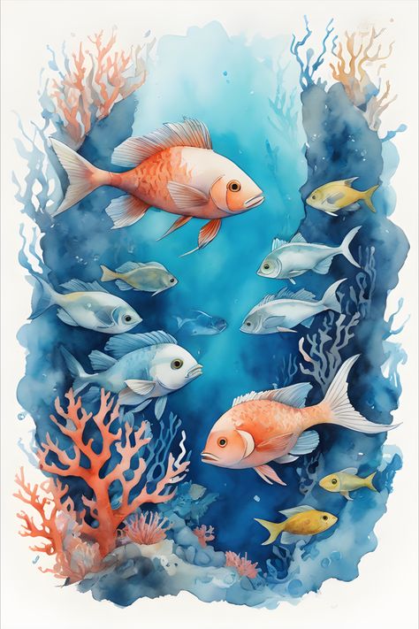 Underwater Fish Painting, Watercolor Underwater Scene, Deep Sea Fish Drawing, Under Ocean Painting, Aquatic Life Drawing, Underwater Life Drawing, Underwater Scene Drawing, Underwater Art Illustration, Underwater World Drawing