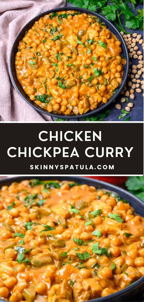 Chicken and Chickpea Curry – Skinny Spatula Curry Chicken Chickpeas, Chickpea And Chicken Curry, Healthy Chickpea Curry, Chicken Chickpea Soup, Cheakpeas Curry Recipes, Chickpea And Chicken Recipes, Chicken And Chickpea Recipes, Chicken Chickpea Curry, Chicken And Chickpea Curry