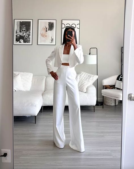 2 Piece Set, Wide Leg Pants, White Blazer - Brenna Anastasia Blog White Blazer And White Pants Outfit, Suits For Women Cropped Blazer, White Jeans Night Outfit, White Two Piece Outfit Pants, White Pant Outfits For Women, Formal White Outfit, White Cropped Blazer Outfit, Blazer Outfits White, White Out Party Outfit