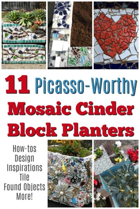 mosaic-cinder-block-planters Cinder Block Mosaic, Block Planter Ideas, Cinder Block Planters, Cinder Block Planter, Cinder Blocks Diy, Mosaic Planters, Cinder Block Walls, Mosaic Flower Pots, Cinder Blocks