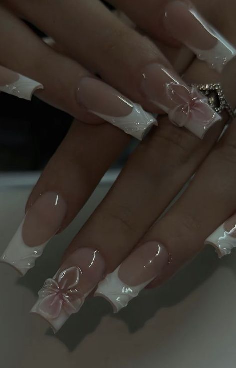 Nails Prom Pink, Ethereal Nails Square, Nail Ideas White French Tip, Gel Ex Nails, Jelly Flower Nails, White French Tip Nails With Design Ideas, White French Nails Design, Orchid Nails, Girly Acrylic Nails