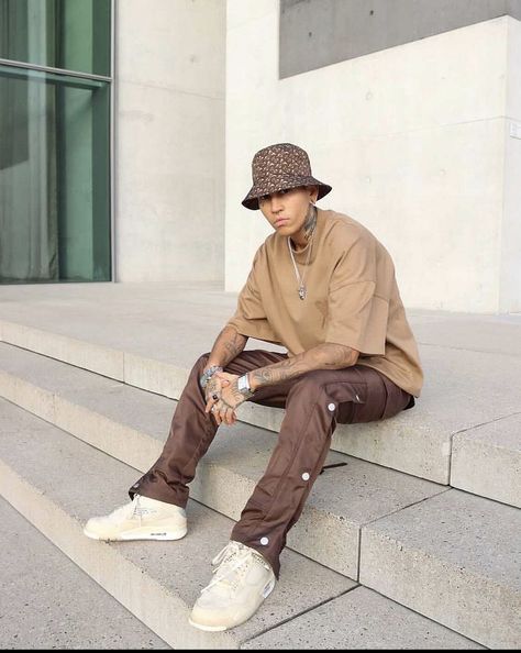 Cream Aesthetic Outfit Men, Blue And Brown Outfit Men Streetwear, J4 Pine Green Outfit, Brown And Cream Outfit Men, Earthtone Outfits Men, Earthtone Outfits, Khakis Outfit, Coffee Date Outfits, Black Men Fashion Casual