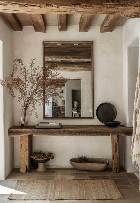 Farmhouse Hallways, Rustic House Ideas, House Entryway Ideas, Natural Entryway, Rustic Minimalist Home, Rustic Chic Home, Entryway Table Styling, Hallway Design Ideas, Minimal Rustic