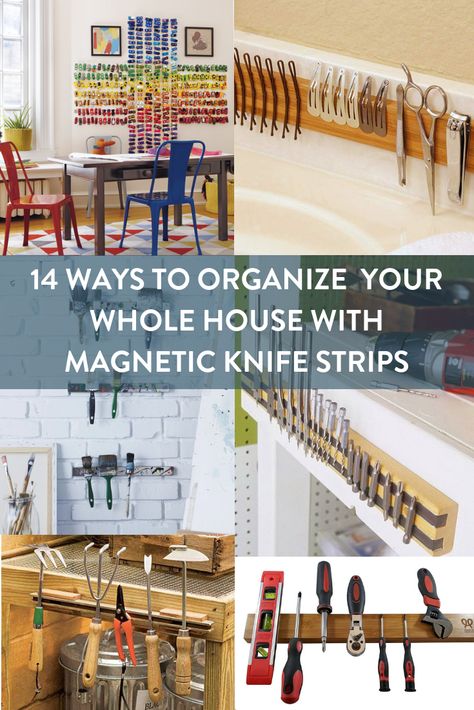 From jewelry to tools, you can use a magnetic knife strip to organize everything. Organize every room in your house with knife racks and these tips.     #[ Magnetic Strip Ideas, Magnetic Knife Holder Ideas, Ikea Magnetic Knife Strip Hack, Diy Magnetic Knife Strip, Knife Wall Magnet, How To Make A Magnetic Knife Holder, Diy Wooden Magnetic Knife Holder, Knife Magnet, Magnetic Tool Holder