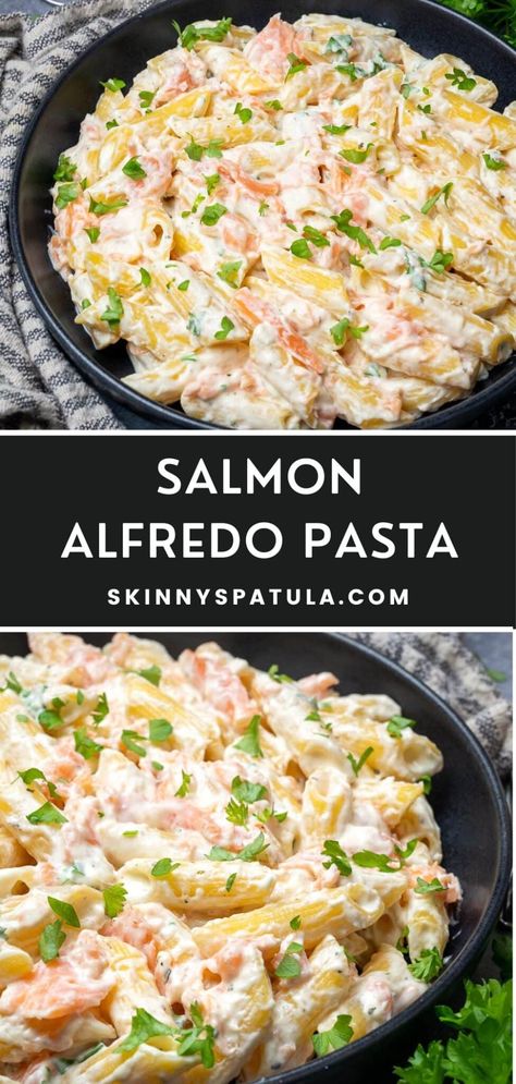 Salmon Leftover Recipes, Salmon Alfredo Pasta, Pasta Recipes For Diabetics, Leftover Salmon Recipes, Salmon Alfredo, Salmon Pasta Recipes, Pasta Calories, Seafood Dinners, Pasta With Alfredo Sauce