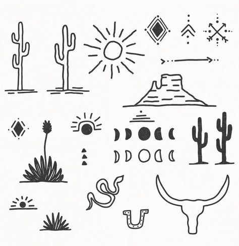 Desert Doodles, Punchy Western Tattoos, Desert Tattoo, Earthy Tattoos, Cowgirl Tattoos, Cowboy Tattoos, Country Tattoos, Cactus Tattoo, Boho Tattoos