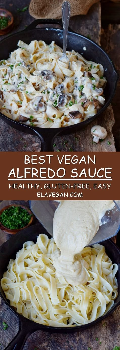 The best vegan Alfredo sauce recipe with Fettuccine and mushrooms. This creamy plant-based, nut-free, and gluten-free comfort meal is healthy, satisfying, nutritious, and easy to make. Perfect for dinner, lunch, and meal prep as well! #veganalfredo #alfredosauce #fettuccinealfredo #elasrecipes | elavegan.com Healthy Alfredo Sauce, Recipe Sauce, Vegan Alfredo Sauce, Cauliflower Sauce, Vegan Alfredo, Rice Recipes For Dinner, Alfredo Sauce Recipe, Salad Pasta, Vegan Sauces