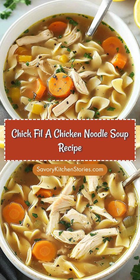 How about a hearty chicken noodle soup that brings joy to every spoonful? This Chick Fil A Chicken Noodle Soup Recipe is a delightful option, combining rich flavors and comforting ingredients. Save it now for those days when comfort food is a must! Easy Home Made Chicken Soup, Sick Chicken Noodle Soup, Crockpot Soup Recipes Chicken Noodle, Chickfila Chicken Noodle Soup Recipe, Chic Fil A Copycat Chicken Noodle Soup, Kneaders Chicken Noodle Soup, Chicken Less Noodle Soup, Chicken Noodle Soup When Sick, Cooked Chicken Soup Recipes