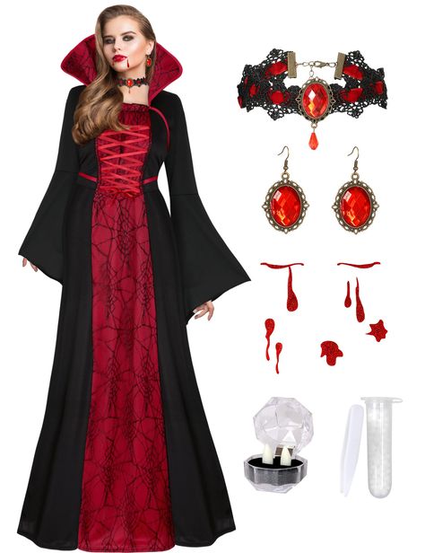 PRICES MAY VARY. Vampire costume comes complete with a spider themed mesh dress, a choker necklace, a pair earrings, vampire teeth, a face sticker Vampire dress is made of soft and breathable polyester fiber, The material on this is light and silky feeling. the belt cinches the waist, high neck desin! Very elegant and glamorous for also being wicked. The choker is a nice touch Such a Cool Vampire Halloween dress! exaggerated flared sleeves, the ribbons make a sort of drawstring effect so you can Vampire Custome Halloween Women, Adult Vampire Costume, Vampire Costumes For Women, Vampire Girl Costume, Dracula Costume Women, Womens Vampire Costume, Fitted Vampire Cosplay Costume For Fantasy Events, Home Made Vampire Costumes, Vampire Cosplay Costume For Halloween Party